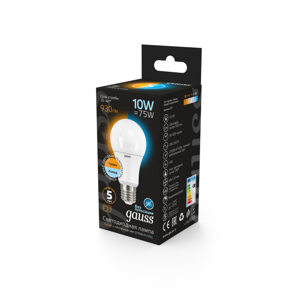 Купить Gauss Лампа A60 10W 930lm 3000K/4100K E27 изм.цвет.темп. LED 102502110-T