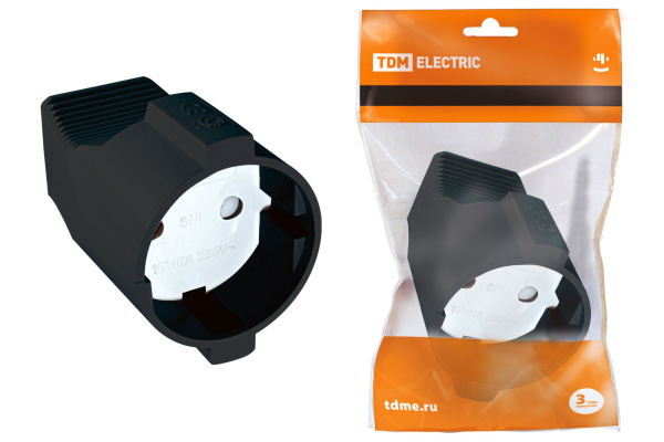 TDM Кабельная розетка 2П б/з с з/ш 10А 250B черная SQ1806-0030