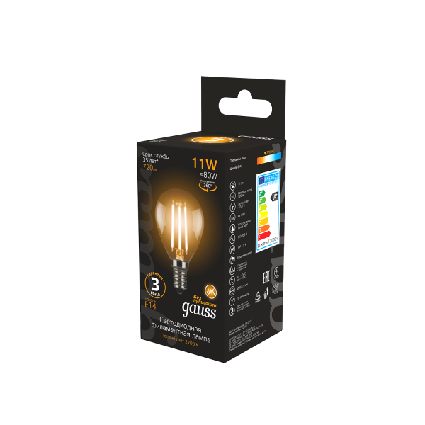 Купить Gauss Лампа Filament Шар 11W 720lm 2700К Е14 LED 105801111