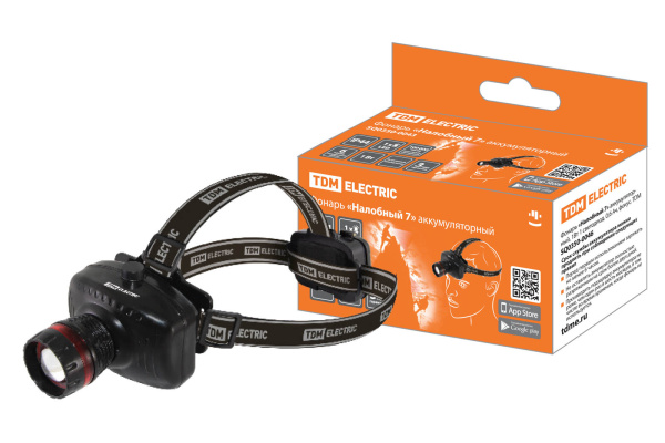 TDM Фонарь «Налобный 7» аккумуляторный, 1Вт 1 светодиод, 0,6 Ач, фокус. SQ0350-0046