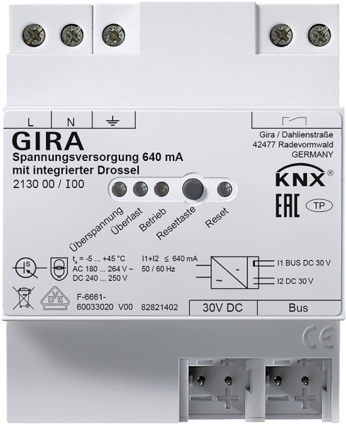 Gira Instabus Источник электропитания KNX 640 мА с интегрированным дросселем 213000