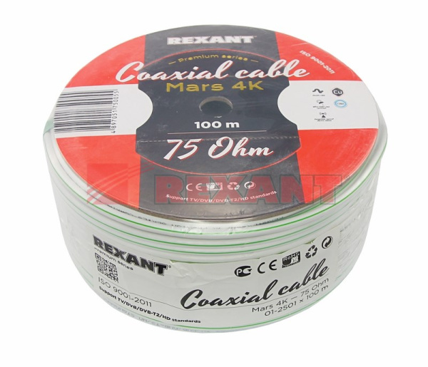 Купить Кабель MARS 4K, Cu/Al/CuSn, (96%), 75 Ом, 100м., белый Rexant 01-2501