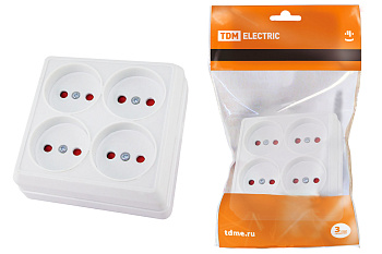 TDM Розетка четырехместная 2П открытой установки IP20 10A с защитными шторками белая "Ладога" SQ1801-0121