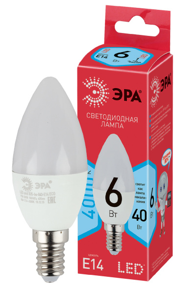 ЭРА ECO LED B35-6W-840-E14 (диод, свеча, 6Вт, нейтр, E14)