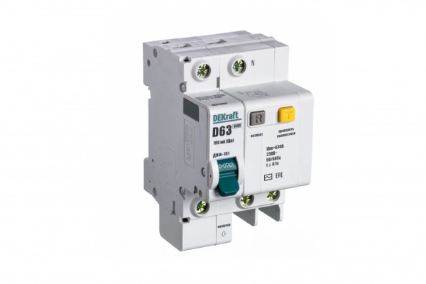Dekraft Автоматический выключатель дифференциального тока АВДТ 1P+N 63А 100мА AC х-ка D ДИФ-101 4,5кА 15217DEK