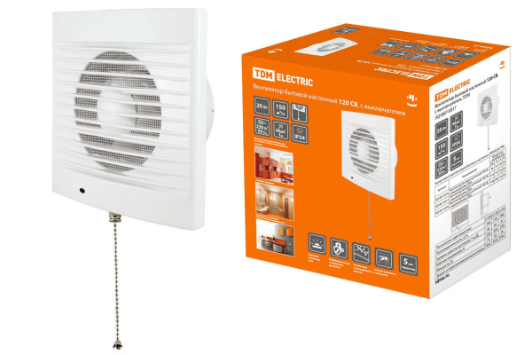 TDM Вентилятор бытовой настенный 120 СВ, с выключателем, SQ1807-0017