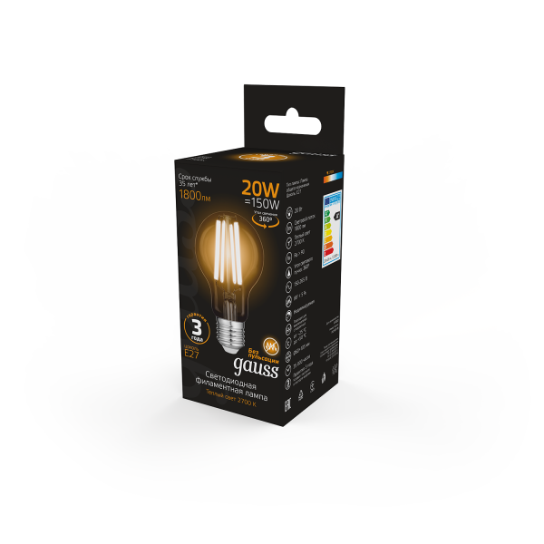 Купить Gauss Лампа Filament А60 20W 1800lm 2700К Е27 LED 102902120