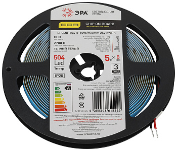 ЭРА Лента светодиодная ЭРА LRCOB-504-8 10W/m 8mm 24V 2700K 3year белая 5 м