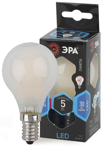 ЭРА F-LED P45-5W-840-E14 frost (филамент, шар мат., 5Вт, нейтр, E14) Б0027930