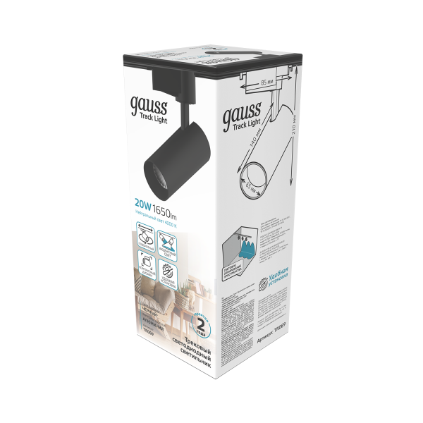 Купить Светильник трековый Gauss цилиндр 20W 1650lm 4000K 180-240V IP20 65*210мм черный угол 24º LED 1/40 TR069