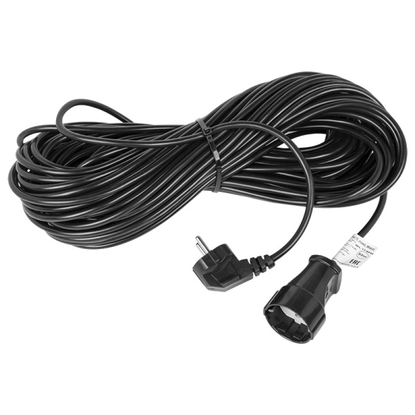 Удлинитель-шнур ПВС 3х0.75, 30 м, с/з, 6 А, 1300 Вт, IP44, черный (Сделано в России) Rexant 11-7091