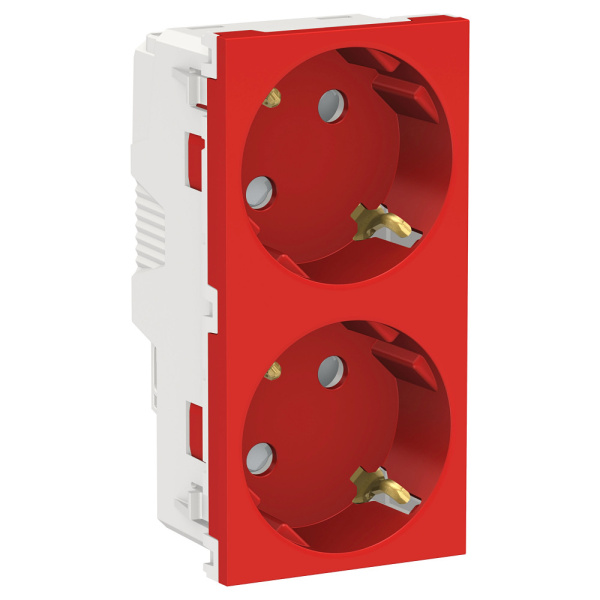 SE Unica New Красная Розетка с/з двойная, со шторками, винт. зажим. NU306703A