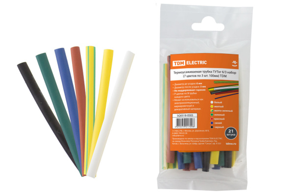 TDM Термоусаживаемая трубка ТУТнг 6/3 набор (7 цветов по 3 шт. 100мм) SQ0518-0503