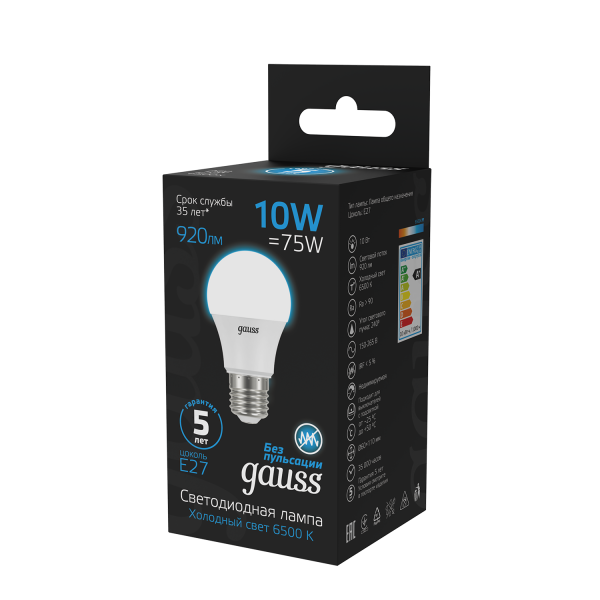 Купить Gauss Лампа A60 10W 920lm 6500K E27 LED 1/10/50 102502310