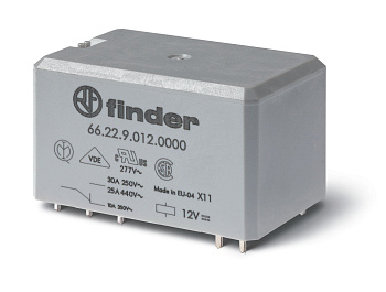 Finder Силовое электромеханическое реле; монтаж на печатную плату, раздвоенные выводы; 2NO 30A (зазор ≥ 1.5мм); контакты AgCdO; катушка 24В DC; степен 662290240600S Finder Силовое электромеханическое реле; монтаж на печатную плату, раздвоенные выводы; 2NO 30A (зазор ≥ 1.5мм); контакты AgCdO; катушка 24В DC; степен 662290240600S