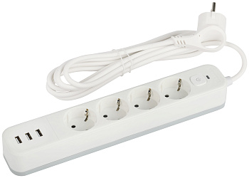 ЭРА Сетевой фильтр USF-4es-1,5m-3xUSBA-W с базовой защитой с заземлением с выключателем 4 розетки+3xUSBA 3,1A 1,5м 10А