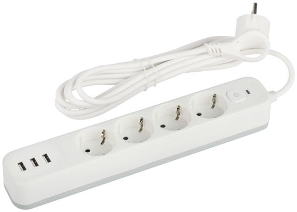 ЭРА Сетевой фильтр USF-4es-1,5m-3xUSBA-W с базовой защитой с заземлением с выключателем 4 розетки+3xUSBA 3,1A 1,5м 10А