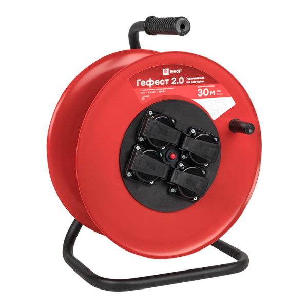 EKF PROxima Удлинитель на катушке "Гефест 2.0" 4 гнезда 30м с заземлением и предохранителем ПВС 3*1,5 16А/3,5кВт IP44