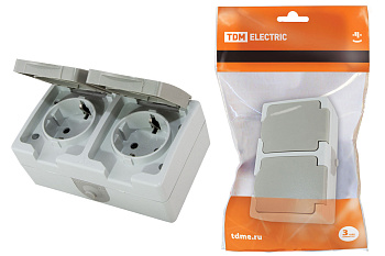 TDM Розетка двойная 2П+З (горизонтальная) открытой установки IP54 16А серая "Вуокса" SQ1803-0008