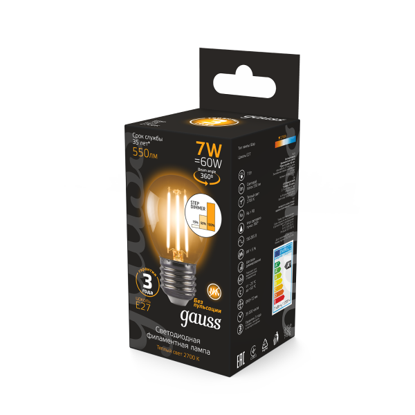 Купить Gauss Лампа Filament Шар 7W 550lm 2700К Е27 шаг. диммирование LED 105802107-S