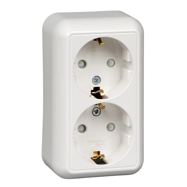 SE Wessen Прима наруж Бел Розетка 2-ая с/з с защитными шторками 16А (в сборе)(опт.упак.) RA16-214-B