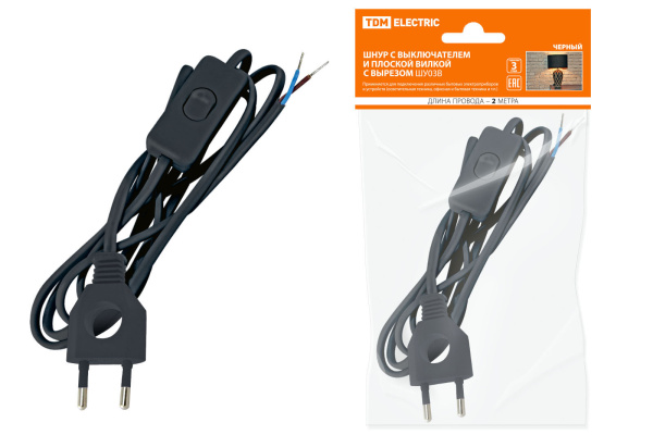 TDM Шнур с выключателем и плоской вилкой с вырезом ШУ03В ШВВП 2х0,75мм2 2 м. черный SQ1305-0022