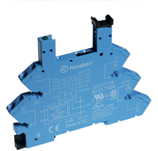 Finder Розетка с безвинтовыми клеммами (пружинный зажим) для реле 34 серии; питание 60В АС/DC; в комплекте пластиковая клипса; опции: LED 93510060