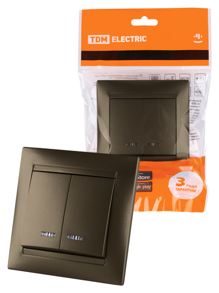 TDM Выключатель 2 кл. с подсветкой 10А бронза "Лама" SQ1815-0705
