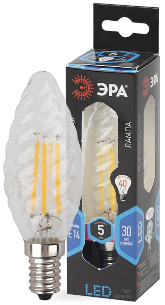 ЭРА F-LED BTW-5W-840-E14 (филамент, свеча витая, 5Вт, нейтр, E14)