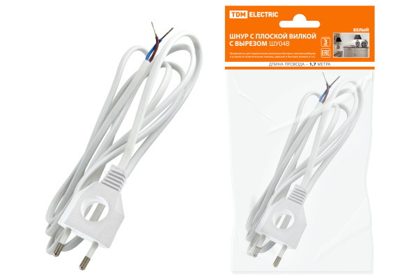 TDM Шнур с плоской вилкой с вырезом ШУ04 ШВВП 2х0,75мм2 1,7 м. белый SQ1305-0031