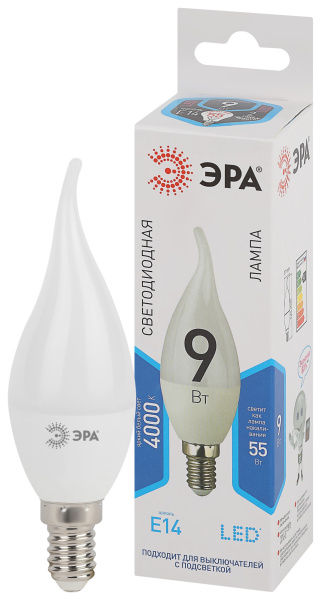ЭРА LED BXS-9W-840-E14 (диод, свеча на ветру, 9Вт, нейтр, E14)