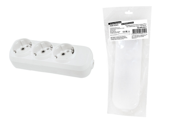 TDM Колодка розеточная 3 гнезда 2П+3 16А 250В белая серии "Народная" SQ1806-0417