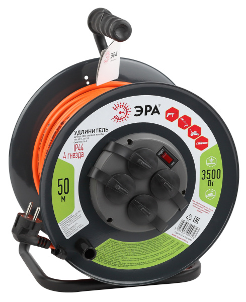 ЭРА RMx-4es-3x1.5-50m-IP44 Удлинитель силовой на металлической катушке c/з 4 гн 50м ПВС 3х1.5
