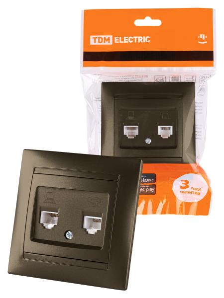 TDM Розетка телефонная RJ11 + компьютерная RJ45 бронза "Лама" SQ1815-0719