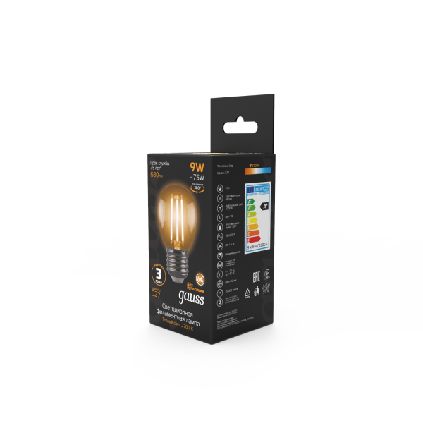 Купить Gauss Лампа Filament Шар 9W 680lm 2700К Е27 LED 105802109