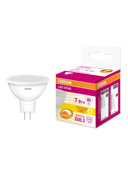 Купить Osram Лампа светодиодная LED STAR MR16 7W (замена75Вт),диммируемая,теплый белый свет, 110°, 220-240 вольт, GU5,3 4058075229006