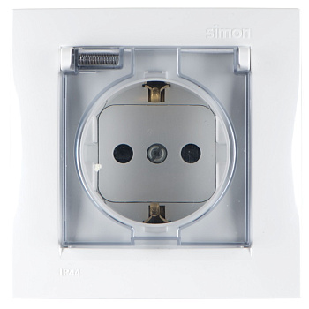 Simon 15 Белая Розетка 1-ая с/з с крышкой с защитными шторками, IP44 (в сборе с рамкой) 1590450-030