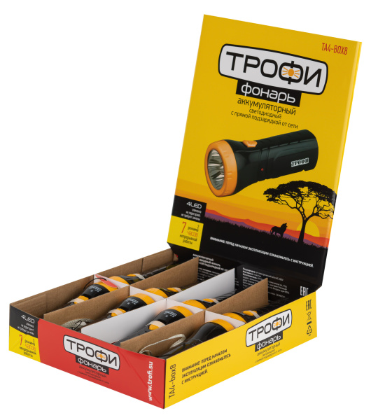 ТРОФИ TA4-box8 Фонарь Акку 4V0.5Ah, 4xLED, промо-бокс Б0004985