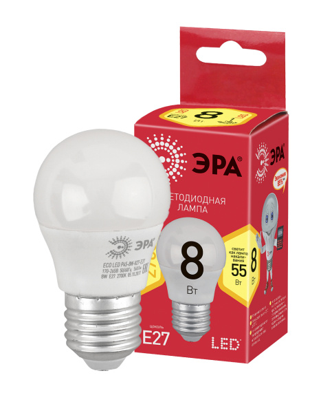 ЭРА ECO LED P45-8W-827-E27 (диод, шар, 8Вт, тепл, E27)