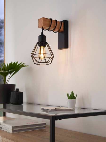 Купить Eglo 43135 Бра TOWNSHEND 5, 1х10W (E27), L140, A240, H245, сталь, дерево, черный, коричневый