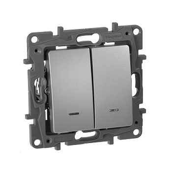 Legrand Etika Алюминий Переключатель 2-клавишный с подсветкой, 10А, Автоматические клеммы 672416