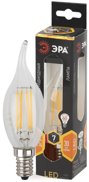 ЭРА F-LED BXS-7W-827-E14 (филамент, свеча на ветру, 7Вт, тепл, E14)