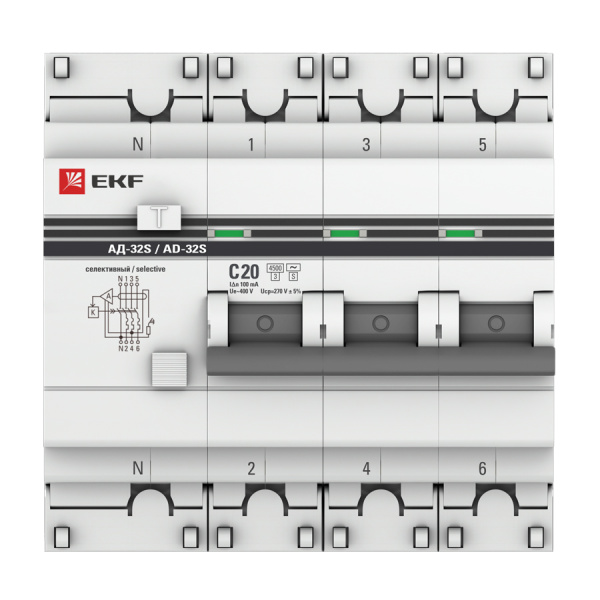 Купить EKF PROxima АД-32 Автоматический выключатель дифференциального тока (C) 3P+N 20А/100мА тип АС 4,5кА , селективный DA32-20-100S-4P-pro