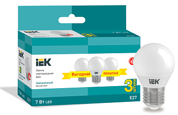IEK Лампа LED G45 шар 7Вт 230В 4000К E27 (3шт/упак) IEK Лампа LED G45 шар 7Вт 230В 4000К E27 (3шт/упак)