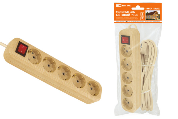 TDM Удлинитель бытовой  У05В выключатель, 5 гнезд, 3метра,2П+3, ПВС 3х1мм2 "Эко" (сосна) 16А/250В SQ1303-2121