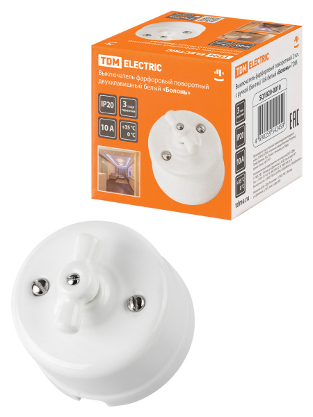 TDM Выключатель фарфоровый поворотный 2-кл. с ручкой (бантик) 10А белый «Болонь» SQ1820-0010