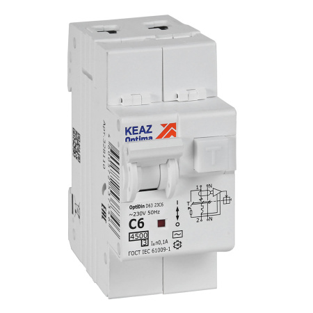КЭАЗ АВДТ с защитой от сверхтоков OptiDin D63-23C6-AC-У3 (2P, C6, 100mA, 4,5кА)