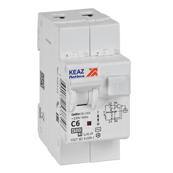 КЭАЗ Автоматический выключатель дифференциального тока АВДТ с защитой от сверхтоков OptiDin D63-23C6-AC-У3 (2P, C6, 100mA, 4,5кА) 328110