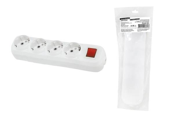 TDM Колодка розеточная 4 гнезда 2П+3 c выключателем 16А 250В белая серии "Народная" SQ1806-0421