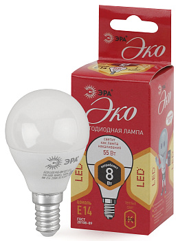 ЭРА ECO LED P45-8W-827-E14 (диод, шар, 8Вт, тепл, E14)